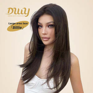 Billie-DWY Long Straight Dark <b>Brown</b> Glueless Synthetic <b>Wig</b> 136 Lace Front Free Part Transparent Lace Color - Product Image 1