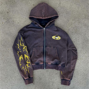 Sweat à capuche zippé pour hommes, surdimensionné, lavage à l'acide, impression noire, vêtements de mode élégants, sweats pour garçons - Product Image 4