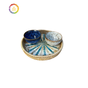Bandeja de servicio de ratán de lujo con Incrustaciones de nácar brillante-Bandeja decorativa hecha a mano para exhibición de mesa - Product Image 3
