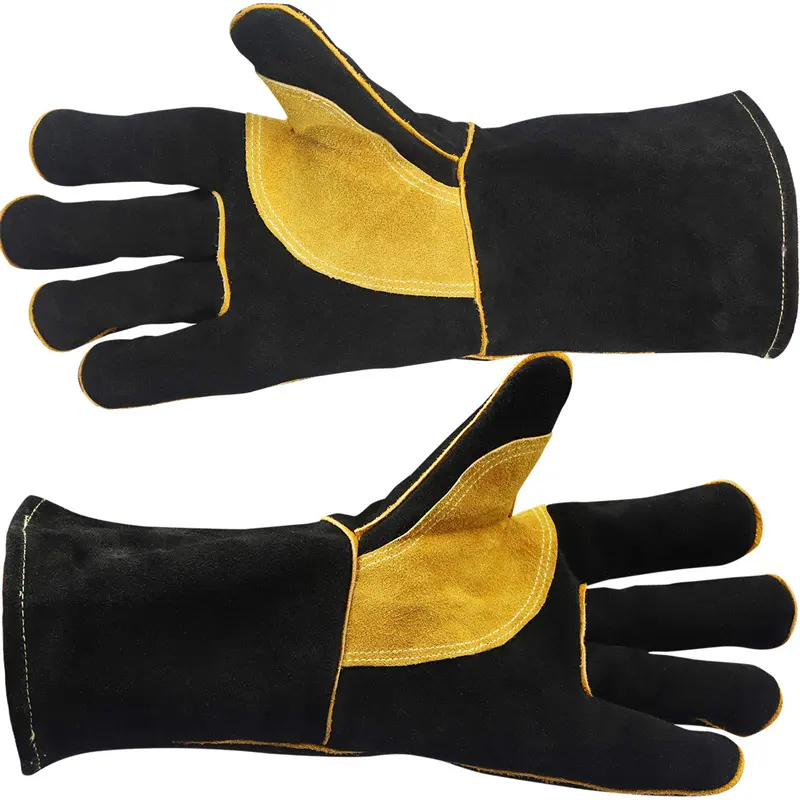Heat Resistant yellow palm welding gloves/Custom logo black cow split leather yellow double palm welding gloves
