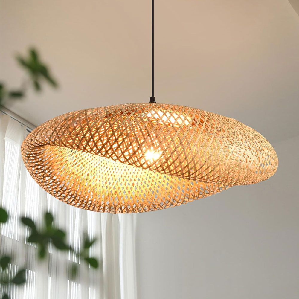 23.64" Modern Handwoven Wood Bamboo Metal Pendant Light Fixture Large Wicker Hanging Ceiling Lamp Home Decor Home Garden