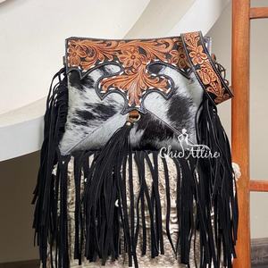 Bolso bandolera con flecos de vaquera occidental de cuero de vaca para mujer, bolso de hombro Floral de cuero de vaca, moda 2025 - Product Image 1