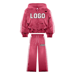 Traje de dos piezas transpirable 100% algodón polar Jogging Suit cremallera completa Sudadera con capucha Flare Pantalón cómodo chándal de moda - Product Image 5