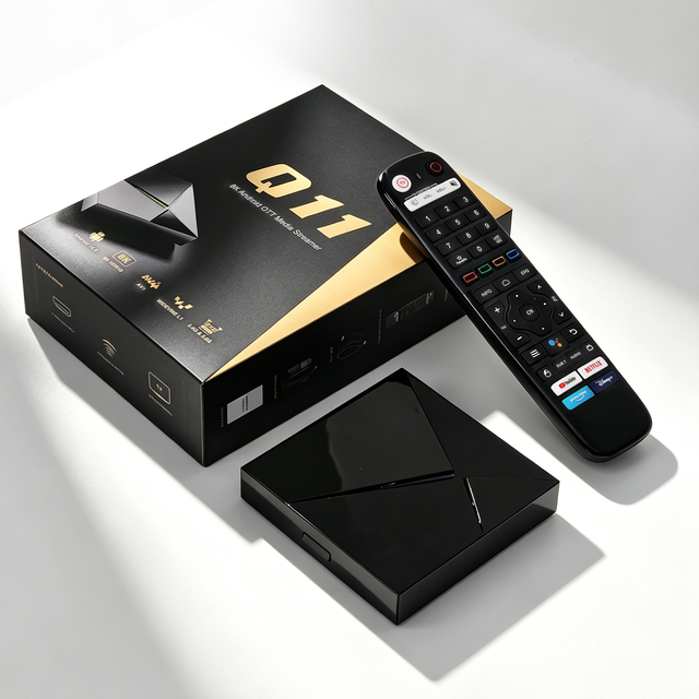 Direct Factory Q11 Android 14.0 Quad Core Amlogic S905X4 8K 4G 32G Smart TV Box with BT Voice Remote Control Dual-Band WiFi