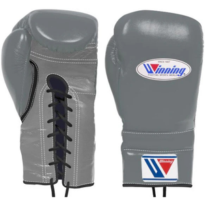Gants de boxe à lacets Winning Gris Noir Cuir véritable Entraînement professionnel Sparring Gants de boxe Couleur classique 8oz 10oz 12oz 14oz - Product Image 1