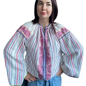 ウクライナの刺Embroideredドレス高品質の刺Embroideryロングバルーンスリーブラウンドネックパーティーウェアルーマニアのブラウス