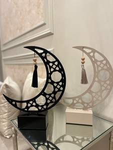 Tall Black Crescent Moon Decor Stand With Geometric Cutout Pattern For Modern Ramadan Interior Styling - Product Image 6