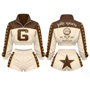 Ensemble short coupe-vent pour femme en polyester premium 240 GSM, crème et marron, avec logo brodé sur les côtés, respirant - Product Image 1