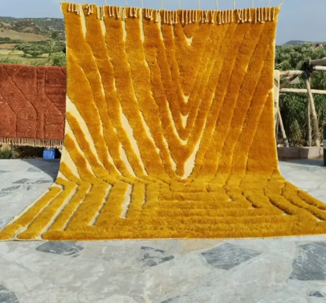 Bright Yellow Mustard Beni Mrirt Handmade Moroccan Wool Rug Hand Woven Luxury Carpet Handmade OEM Moroccan Square Washablet