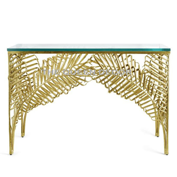 Luxurious Metal Attractive Look Palm Console Table Gold Finished Handmade Wall Side Entryway Table With Marble Top Furniture
