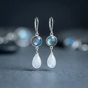 Boucles d'oreilles pendantes en labradorite et pierre de lune, ton neutre, cadeau pour maman, argent sterling 925, fiançailles et mariage de juin - Product Image 4