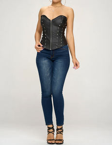 Wholesale New Women Breathable Rivet Stud Detailed Zip Front Adjustable Back <b>Lace</b> PU Leather <b>Corset</b> Top - Product Image 6