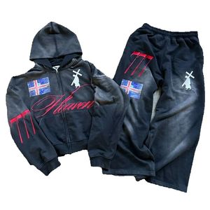High Street Goth Harajuku Zipper <b>Hoodie</b> and Sweatshirt Set Men's Retro <b>American</b> Streetwear Trendy Casual Sports Suit - Product Image 2