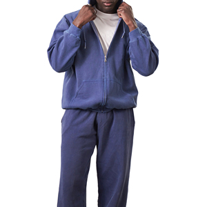 Ensemble deux pièces de survêtement classique d'hiver, couleur unie, aspect usé, capuche, lavage vintage, bleu marine, fermeture éclair, pantalon de survêtement respirant - Product Image 4