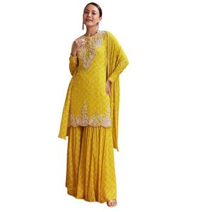 Set Chinon Sharara stampato giallo brillante con taglio Dana e paillettes vivace festa e cerimonia di nozze vestito Kurti - Product Image 1