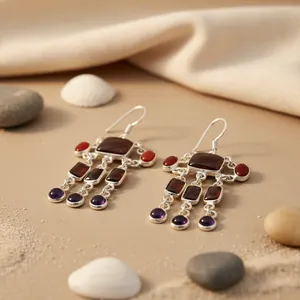 Boucles d'oreilles pendantes pour femmes en argent 925 avec pierres précieuses multiples, perle d'eau douce, émeraude, design floral vintage, cadeau parfait, bijoux - Product Image 2