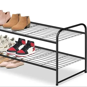 独立式长两层鞋架，用于衣柜金属宽可堆叠储物组织器，用于入口通道卧室地板
