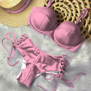 Traje de baño de verano personalizado para mujer estilo Sexy transparente Micro Bikini conjunto cordón frente sólido ropa de playa caliente Tanga de dos piezas - Product Image 4