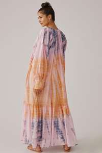 2023 Floral Tie Dye Maxi robe pour femmes décolleté en V avec manches longues 100% rayonne taille libre pour été plage tissé motif - Product Image 4