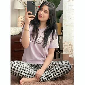 Lilac Bears Printed Women's Half-Sleeve T-Shirt and <b>Check</b> Printed <b>Pajama</b> Set (CN-PNW-017) - Product Image 2