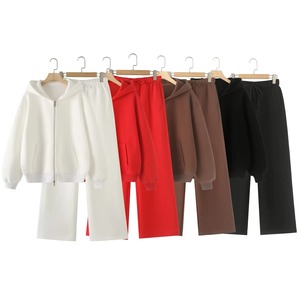 Conjunto de ropa deportiva de 2 piezas con cremallera de algodón para mujer, pantalones holgados por encima de la rodilla y Top corto con capucha, trajes de chándal para mujer - Product Image 2