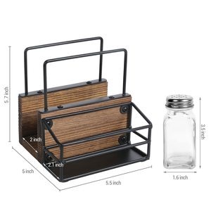 Caddy de mesa, servilletero de madera marrón y alambre de metal negro con 3 condimentos de vidrio/Salero y pimentero - Product Image 5