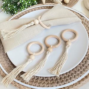Handmade Classic White Wood Beads Napkin <b>Ring</b> with Tassel Eco-Friendly for Table Decor Parties - Product Image 1