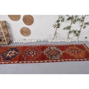 Turkish 2.8x9.8 ft Rug, Herki Vintage Rug, <b>Red</b> Floral <b>Wool</b> Rug - Product Image 3