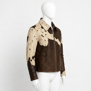 Chaqueta de Motero para Hombre, de Cuero Genuino con Patrón de Piel de Vaca, Cuello Camisero, Cierre de Cremallera, Corte Regular, Estilo Casual para Otoño - Product Image 2