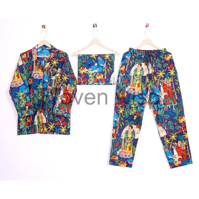 Baumwolle Nachtwäsche Pyjama-Set 100 % Baumwolle Bio-Nachtanzug Pyjama-Kleid Großhandel Nachtwäsche indische Blumendruck grüner Pyjama