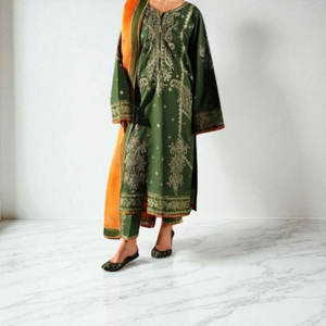 Mesdames prêt-à-porter Costume de broderie décontracté Chemise longue trois pièces avec pantalon et costume Dupatta de style indien pakistanais - Product Image 3