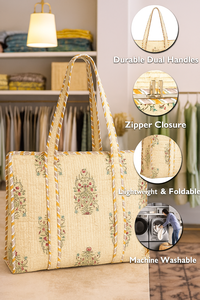 Grand sac fourre-tout en coton matelassé de mode vintage fait à la main, jaune, floral, écologique, durable, épicerie, voyage, été - Product Image 2