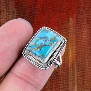 แหวนชั้นดีทำด้วยมือสีเงินสเตอร์ลิงทำจากทองแดงเทอร์ควอยซ์925กรอบแปดเหลี่ยมเครื่องประดับประทับด้วยมือ - Product Image 4