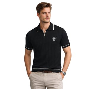 Polo en tricot noir pour homme, tricot de coton de qualité supérieure, manches courtes, texture classique, coupe décontractée, vêtements élégants - Product Image 1