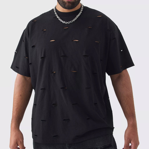 Camisetas de hombre de cuerpo completo con efecto desgastado, cuello acanalado, estilo urbano, lisas, con lavado ácido y efecto desgastado, sin estampado. - Product Image 1