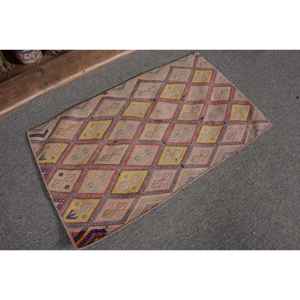 Alfombra turca vintage de 1,3x2,3 pies, clásica, étnica, rosa, amarilla, diseño de retazos, área grande, Alfombra de lana, látex para habitación de pasillo - Product Image 5