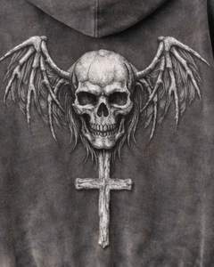 Custom <b>Dark</b> <b>Grey</b> Acid Washed Zip Up <b>Hoodie</b> With Double Skull Print Skeleton Sleeve Graphic Oversized Streetwear Cotton Fleece - Product Image 5