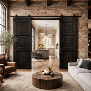 Puerta Corredera Doble de Madera Maciza Tallada a Mano |   Puerta Interior de Estilo Industrial Loft |   Tamaños y Acabados Personalizados Disponibles - Product Image 3