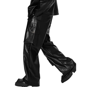 กางเกงหนังผู้ชายยาวถึงพื้นกางเกงทรงตรงลำลองทรงหลวมสีล้วนมีกระดุม - Product Image 6