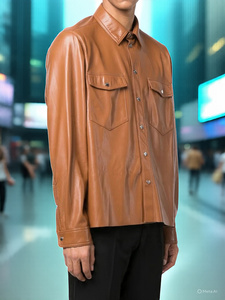 Chemise en cuir décontractée hommes Street Style à manches longues Letterman chemises en cuir hommes bouton couvert à manches longues chemise en cuir marron - Product Image 6