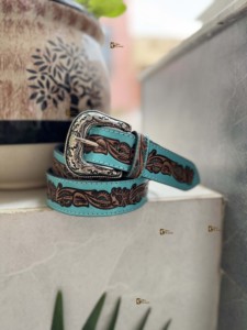 Ceintures en cuir véritable faites à la main usiné à la main sculpture en cuir élégant ceintures occidentales unisexe couleur Turquoise ceintures inde - Product Image 2
