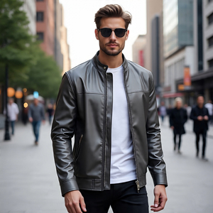 เสื้อโค้ทหนังมีซิปสำหรับผู้ชายเสื้อโค้ทหนังสัตว์มีปกตั้งสำหรับขี่จักรยานขี่มอเตอร์ไซต์ - Product Image 4