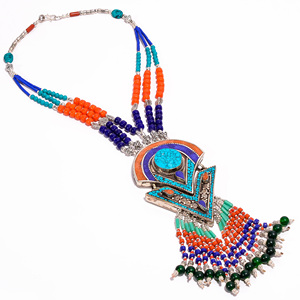 Collar Clásico Tibetano de Plata para Compromiso, Boda o Aniversario con Gemas de Coral y Turquesa - Product Image 2