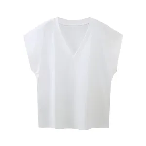 T-shirt col en V à manches courtes pour femmes haut court en coton uni T-shirt pour femmes T-shirt teint en blanc col en v personnalisé