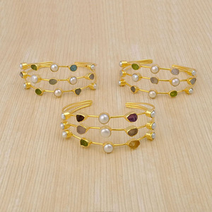 Bracelet en pierre naturelle perle d'eau douce brute Bracelet réglable Labradorite pierre précieuse plaqué or fait à la main femmes approvisionnement bijoux - Product Image 3