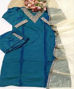 Ensemble haut et bas en coton brodé fantaisie avec dupatta, tenue de fête, séchage rapide, en stock, prix de gros, vêtement ethnique, vert sarcelle - Product Image 2