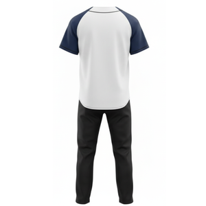 Uniforme de baseball professionnel à manches raglan, maillot blanc avec bandes rouges/bleu marine sur la poitrine et pantalon de performance noir - Product Image 3