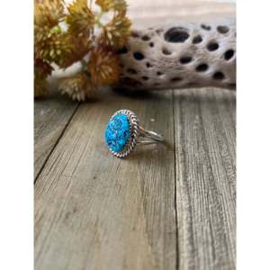 Navajo-Made Kingman Turquoise & <b>Sterling</b> <b>Silver</b> Ring Cultural Collectible Jewelry Size 8.5 - Product Image 3