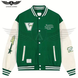 2025 Servicio OEM ODM Nuevo bloque de color vintage con parches bordados Chaquetas universitarias de manga de cuero de béisbol de ajuste suelto - Product Image 1