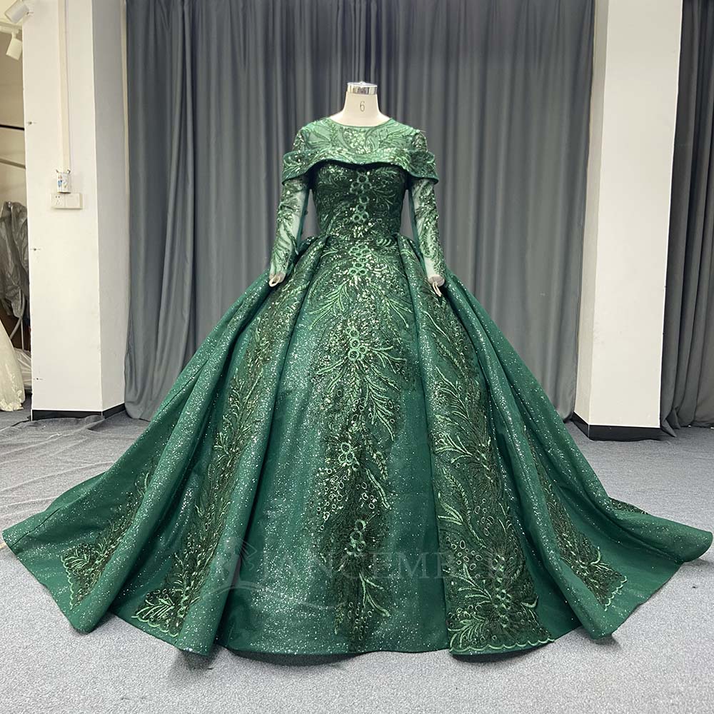 emerald green wedding dress with sleeves Muslim Emerald Green Juliet Sleeve Bridal Henna Ball Gown 44 main image 0